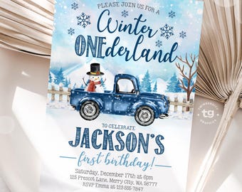 Winter Onederland Birthday Invitation, Winter Birthday Invite, Boy Blue Vintage Truck, Navy Winter First Birthday, DIGITAL
