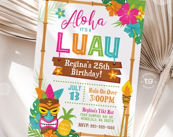Luau Invitation, Luau Birthday Invite, Luau Tiki Party Invitation, Hawaiian Invitation, Luau Party, Tropical, Aloha, Summer Beach DIGITAL