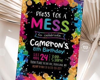 Art Birthday Party Invitation, Neon Painting Party Invitation, Art Paint Splatter Invite, Black, Rainbow, Paint Party theme Girl boy DIGITAL