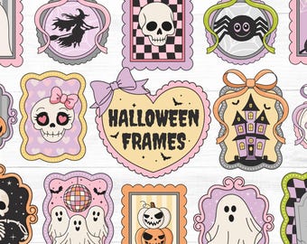 Halloween Frames Clipart, Ghost Frame Portraits Clipart, Spooky Pink Halloween Coquette Bow, Retro Gothic Frame, Witch Trendy Kawaii Digital
