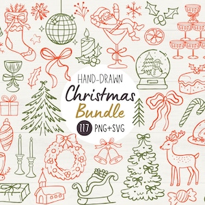 May include: Hand-drawn Christmas bundle illustration with red and green elements. Includes a Christmas tree, Santa in a martini glass, ornaments, a snowman, and the text "HAND-DRAWN Christmas Bundle 117 PNG+SVG".