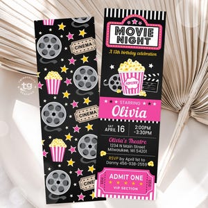 Girls Movie Ticket Invite, Movie Night Invitation Pink, Movie Birthday Party Invite, Cinema Birthday Invite, Ticket Stub, Printable DIGITAL