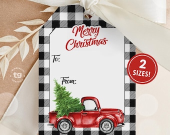 Etichette regalo natalizie con camioncino rosso, etichetta regalo di Natale, motivo a quadri bianchi e neri, rustico, etichetta per bomboniera stampabile, DIGITALE