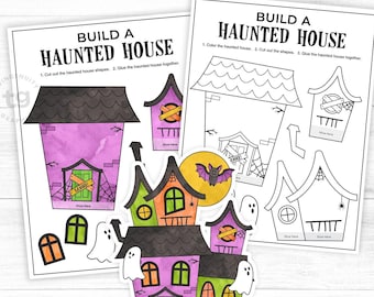 Build a Haunted House Kid's Craft, Printable Halloween Craft, Kid's Activity, Fall Halloween Printable Cut & Paste, Classroom, Coloring Page