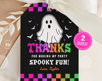Retro Halloween-presentetiketter, Neon Ghost-födelsedagstacketiketter, Flickiga Groovy utskrivbara presentetiketter, DIGITAL PDF