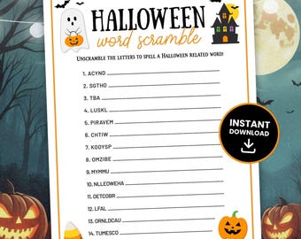 Halloween Word Scramble Printable, Halloween Printable Games, Halloween Games for Kids, Fun Halloween Party Game, Kids, Word Find, DIGITAL