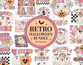 Retro Halloween Quotes PNG Bundle, Pink Halloween PNG for Decor & Shirts, Cute Groovy Spooky Digital Art Sublimation