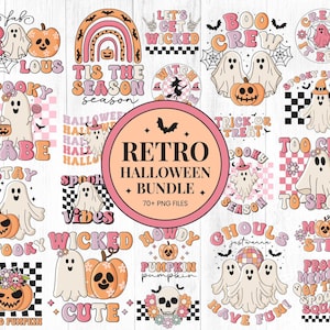 Bundle de citations d'Halloween rétro, rose groovy, effrayant, boo crew, fille fantasmagorique, ambiance de sorcière, fantôme, vintage, sublimation PNG