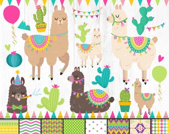 30 Llama Clipart, Llama Clipart Bundle, Llama Cactus Clipart, Llama Birthday Clipart, Fiesta, Colorful, Decorated Llama, Party Llama Art PNG