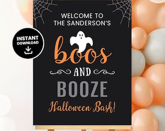 Letrero de bienvenida para fiesta de Halloween de Boos and Booze, imprimible para fiesta de Halloween para adultos, letrero de cóctel espeluznante, fantasma DIGITAL