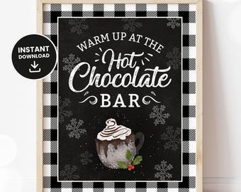 Hot Chocolate Bar Sign, Warm up at the Hot Chocolate Bar, Hot Chocolate Bar Sign, Chalkboard, Hot Cocoa Bar, Black White Plaid DIGITAL
