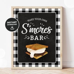Panneau de bar Smores, panneau de fête S&#39;mores, tableau noir et blanc à carreaux, fête d&#39;anniversaire de Smores, NUMÉRIQUE