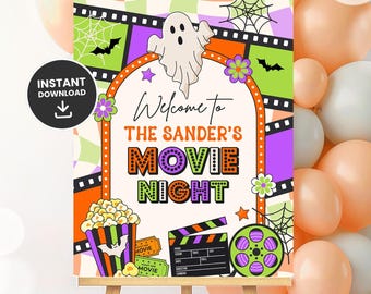 Halloween Movie Night Welcome Sign, Groovy Retro Halloween Backyard Movie Party, Halloween Movie Night Printables, Neon Movie Sign, DIGITAL