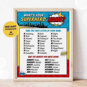 Superhero Party Sign, What&#39;s Your Superhero Name Sign, Superhero Birthday, Superhero Name Game, Superhero Party, 8x10, Printable DIGITAL