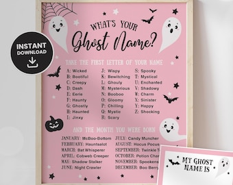 What's Your Ghost Name Game sign, Halloween Party Sign, Halloween Birthday Party, Pink Halloween Ghost, Halloween Kid Game, PRINTABLE