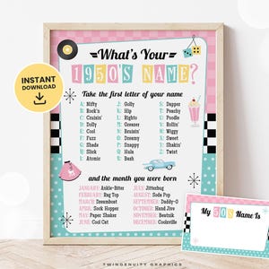 50s Party Sign, What's Your 50s Name Sign, 50s Birthday Theme, 1950s Name Game, 50s Sock Hop Party, Back to the 50s, Retro Printable DIGITAL