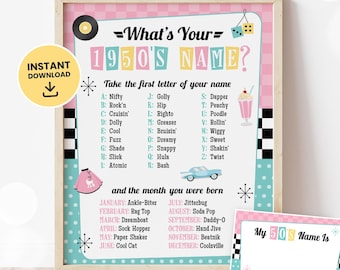 50s Party Sign, What's Your 50s Name Sign, 50s Birthday Theme, 1950s Name Game, 50s Sock Hop Party, Back to the 50s, Retro Printable DIGITAL