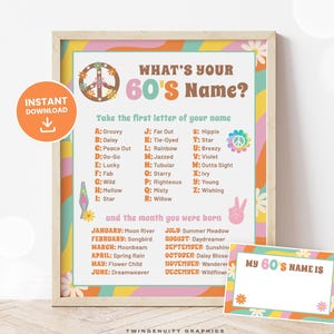 60s Party Sign, Whats Your 60s Name Sign, 60s Birthday Theme, 1960s Name Game, Groovy 60s Party Game, Back to the 60s, Printable DIGITAL