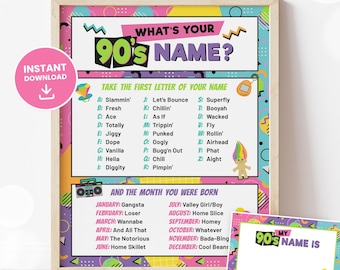 90s Party Sign, What's Your 90s Name Sign, 90s Birthday Theme, 1990s Name Game, 90s Hip Hop Party, Back to the 90s, Printable DIGITAL
