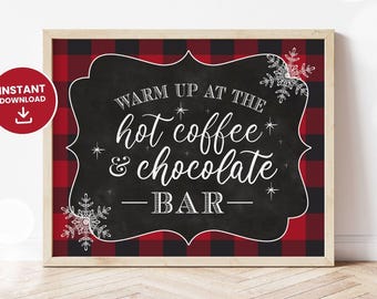 Hot Chocolate and Coffee Bar Sign, Hot Chocolate Bar Sign, Hot Coffee Bar Sign, Chalkboard, Buffalo Plaid, Lumberjack, Printable, DIGITAL