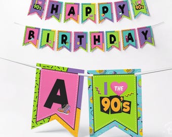 90s Birthday Banner, 90s Party Decorations, 90s Party Banner, 90s Retro Garland, 1990s Themed Party, I Love the 90's, Printable, DIGITAL