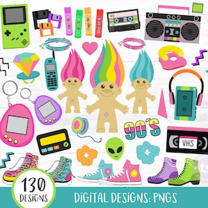 90's Clipart, 90s Clipart Bundle, 1990, 90s Party, Retro 90s, Neon, Digital Graphics, Cassette Tape, VHS, Scrunchies, Retro Decade, PNG
