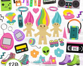 90er Clipart, 90er Clipart-Bundle, 1990, 90er Party, Retro 90er, Neon, digitale Grafik, Kassettenband, VHS, Haargummis, Retro Jahrzehnt, PNG
