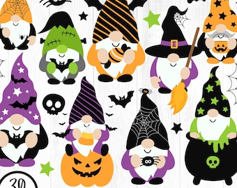 Halloween Gnomes Clipart Bundle, Cute Halloween Graphics, Gnomes PNG, Spooky, Witch, Bats, Fall, Vampire, Pumpkin, Instant Download