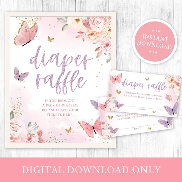 Butterfly Diaper Raffle Sign and Tickets Butterfly Baby Shower Raffle, Baby Shower Games, Girl Diaper Raffle, Pink, Printable, Not editable