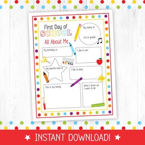 First Day of School Interview, Back to School Printable, Questionnaire, All About Me, Worksheet, School Memories, Keepsake, Instant Download