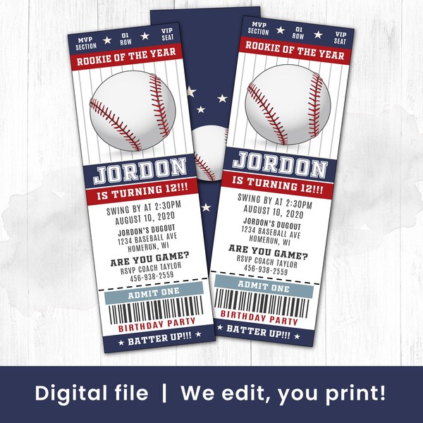 Baseball Invitation Birthday, Baseball Invite, Any Age, First, Baseball Birthday Party Invite, Sports Ticket Invite, Printable, DIGITAL