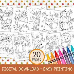 Fall coloring pages for kids. The page include pumpkins, fox, scarecrow, trees, birds, and more.