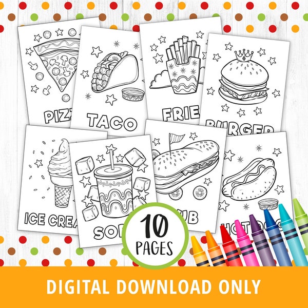 Fast Food Coloring Pages, Food Coloring Pages, Printable Coloring Pages, Junk Food, Burger, Hot Dog, Pizza, Ice Cream, Soda, Taco, DIGITAL