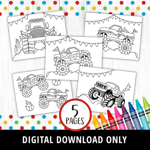 5 Monster Truck Coloring Pages, Monster Truck Printables, Monster Truck Games, Monster Truck Activities, Printable Coloring Pages, DIGITAL