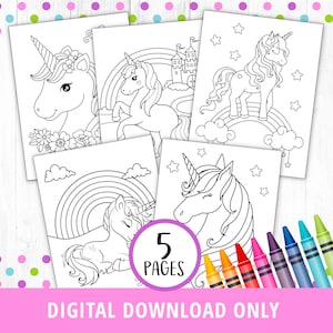 5 Unicorn Coloring Pages, Unicorn Printables, Unicorn Games, Unicorn Activities, Printable Coloring Pages, Unicorn Party Birthday, DIGITAL