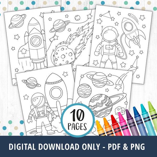 10 Outer Space Coloring Pages for Kids, Astronaut Coloring Pages, Planets Coloring Book, Rockets, Outer Space Birthday Activity, PDF DIGITAL