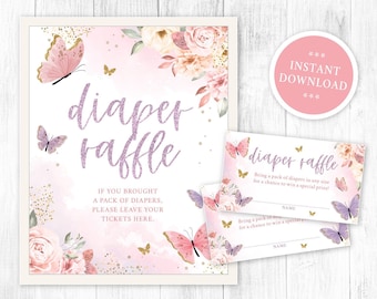 Butterfly Diaper Raffle Sign and Tickets Butterfly Baby Shower Raffle, Baby Shower Games, Girl Diaper Raffle, Pink, Printable, Not editable