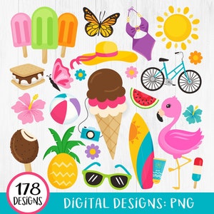 Zomer clipart, zomer zwembad feest clipart, strand clipart, flamingo, ijslolly, ananas, zomerfeest clipart, camping, tropisch, surfen, png