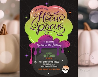 Hocus Pocus Birthday Invitation, Halloween Birthday Invite, Witches Halloween Costume Party, Cauldron Brewing Party, Digital Invitation
