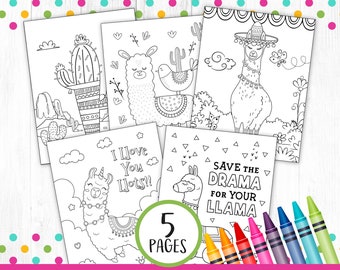May include: Five black and white coloring pages featuring llamas with different sayings. The sayings include "I love you lots!" and "Save the drama for your llama".