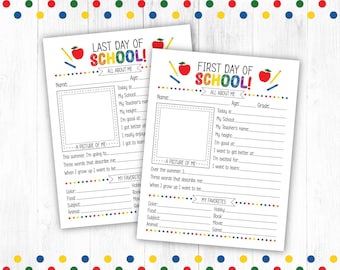 May include: Printable "Last Day of School" and "First Day of School" worksheets for kids. Each worksheet has a space for a self-portrait, questions about the school year, and a section to list favorite things.