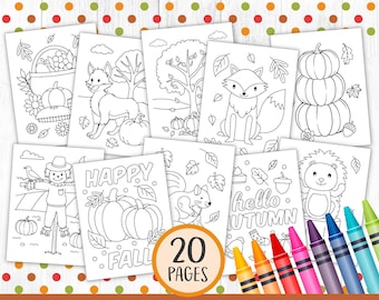 May include: A set of 20 printable coloring pages featuring autumn themes. The pages include images of a scarecrow, pumpkins, squirrels, foxes, and other fall-themed illustrations. The text "Happy Fall" and "Hello Autumn" are included on two of the pages. The pages are designed for easy printing and coloring.