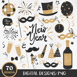 Schattig nieuwjaar clipart, oudejaarsavond feest, vakantie clipart, gelukkig nieuwjaar, handgetekende, vuurwerk, champagne, ambachten, png-bestanden digitaal