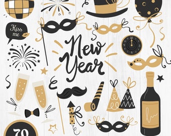Cute New Year Clipart, New Years Eve Party, Holiday Clipart, Happy New Year, Hand drawn, Fireworks, Champagne, Crafts, PNG Files Digital