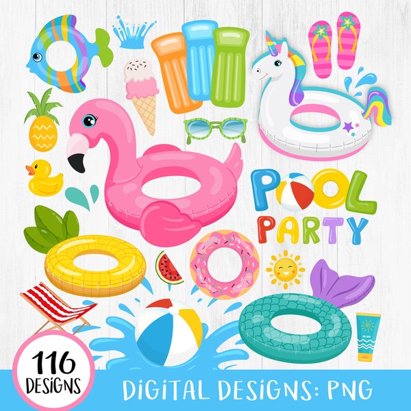 Pool-Party-Clipart, Sommer-Clipart, Flamingo-Einhorn-Pool-Party, Pool-Grafik, Schwimmen, Pool-Schlauchboote, Ananas, Party-Clipart, PNG