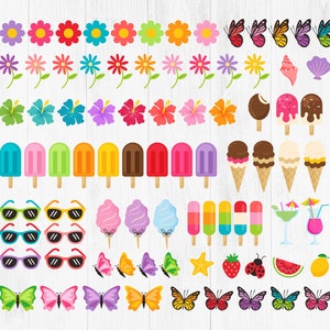 May include: A collection of colorful summer-themed clipart images, including flowers, butterflies, ice cream cones, popsicles, sunglasses, cotton candy, seashells, and a ladybug.