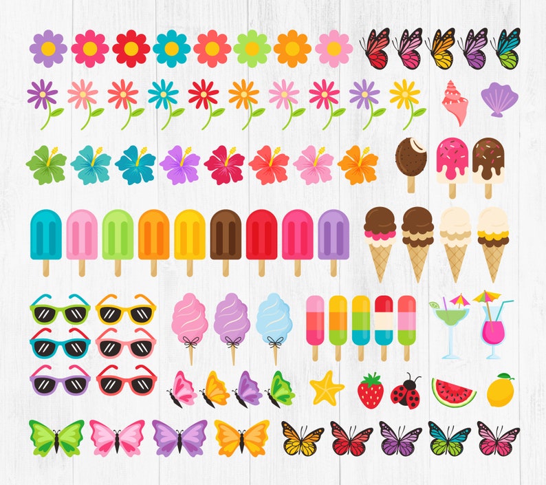 May include: A collection of colorful summer-themed clipart images, including flowers, butterflies, ice cream cones, popsicles, sunglasses, cotton candy, seashells, and a ladybug.