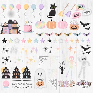 Pode incluir: Um conjunto de clipart digital tem&aacute;tico de Halloween colorido com uma casa assombrada, fantasmas, morcegos, ab&oacute;boras, esqueletos, estrelas e muito mais. O clipart &eacute; perfeito para criar convites, cart&otilde;es, decora&ccedil;&otilde;es de festa e outras manualidades.