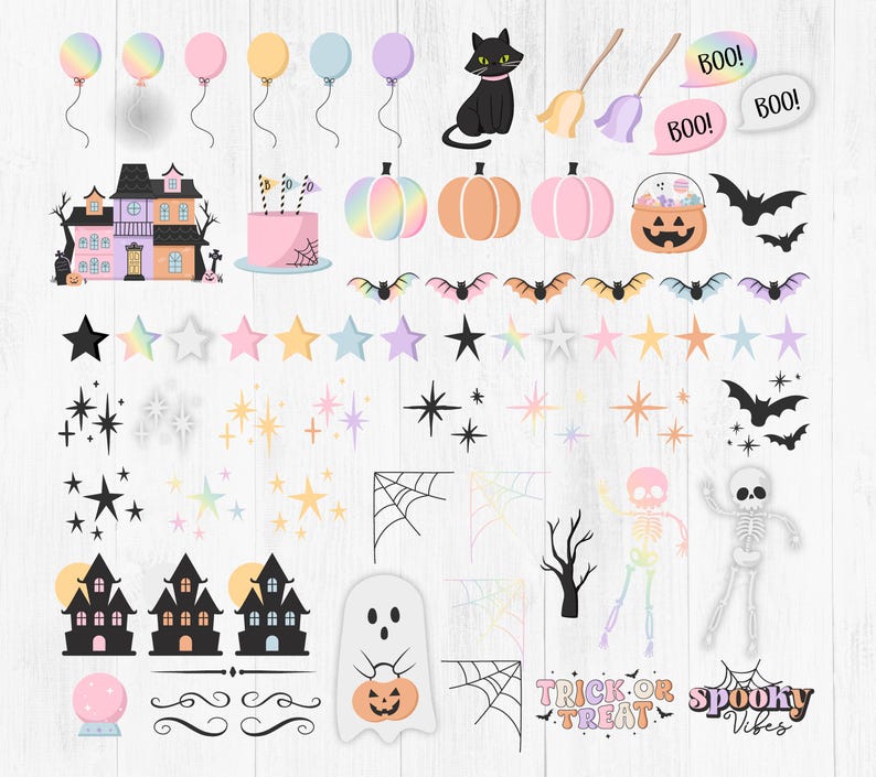 Pode incluir: Um conjunto de clipart digital tem&aacute;tico de Halloween colorido com uma casa assombrada, fantasmas, morcegos, ab&oacute;boras, esqueletos, estrelas e muito mais. O clipart &eacute; perfeito para criar convites, cart&otilde;es, decora&ccedil;&otilde;es de festa e outras manualidades.