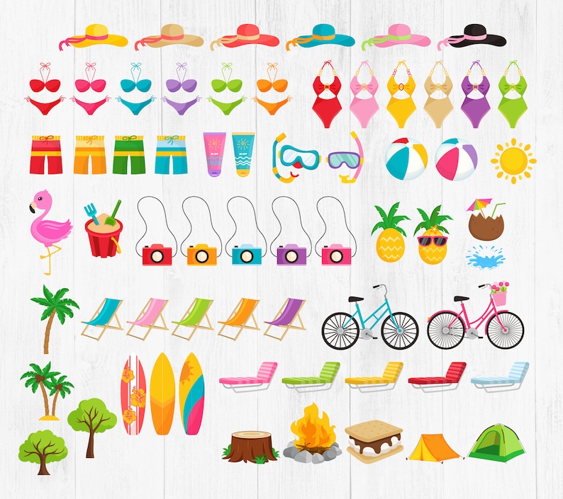 May include: A collection of colorful summer themed clipart images, including beach umbrellas, surfboards, flip flops, sunglasses, cameras, pineapples, and a bicycle.